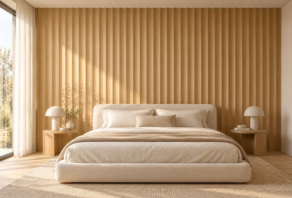 Bedroom with a warm oak scalloped wall panel behind a cream upholstered bed