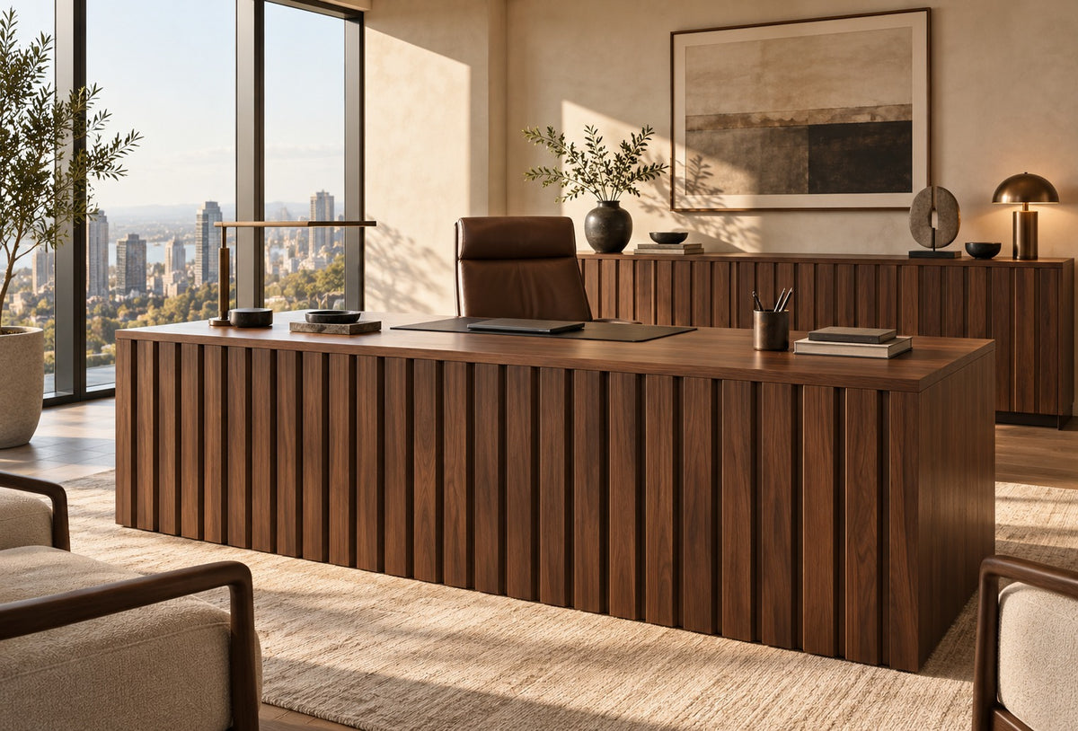Executive desk and credenza fronted with dark walnut V-groove wall panels