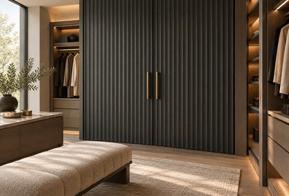Dressing room with charcoal scalloped panel wardrobe doors