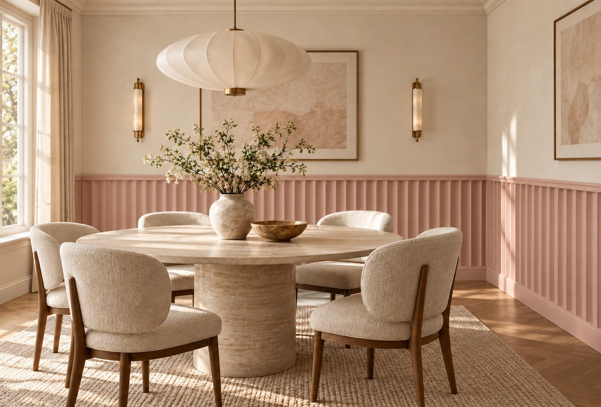 Dining room with soft pink scalloped wall panels below the chair rail