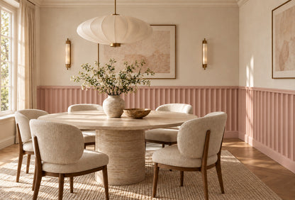 Dining room with soft pink scalloped wall panels below the chair rail