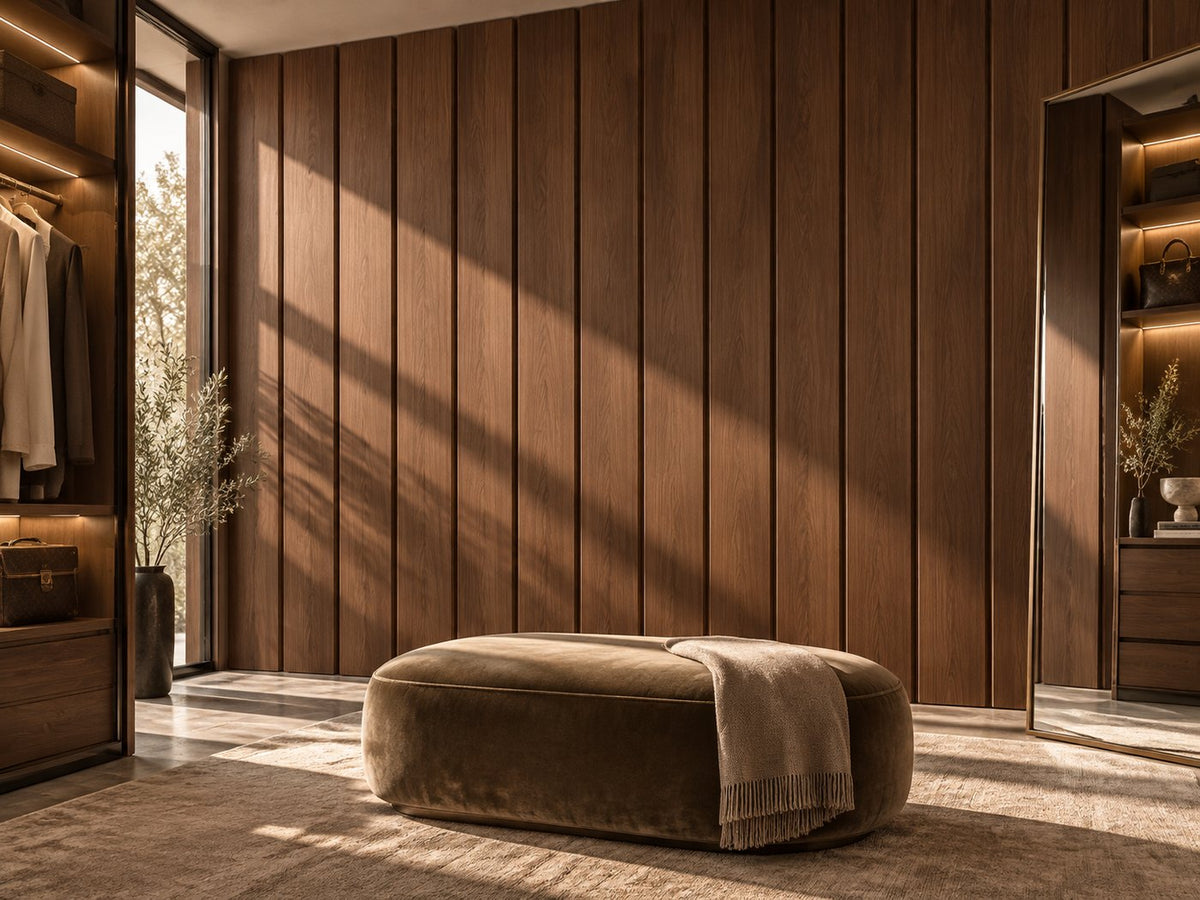 Dressing room with walnut-toned grooved wall panels and a velvet ottoman