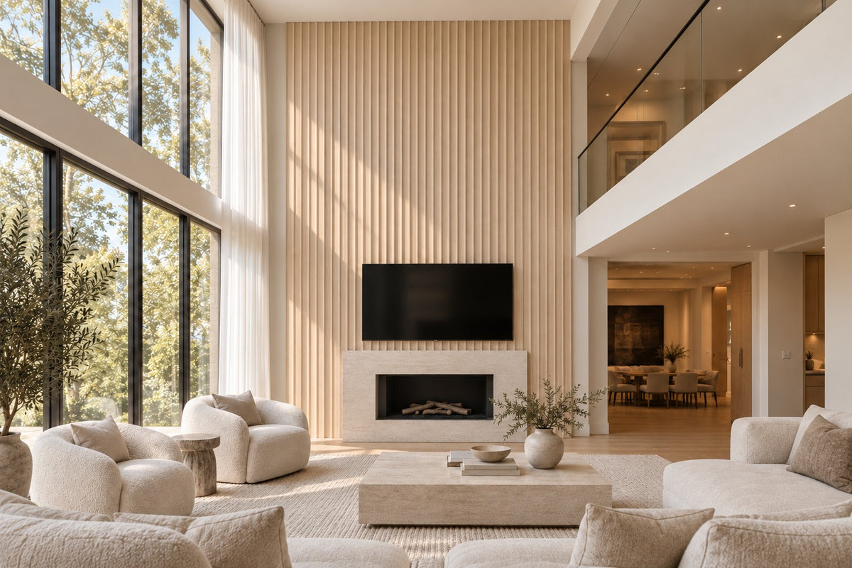 Double-height living room with a light oak scalloped feature wall behind the fireplace and TV